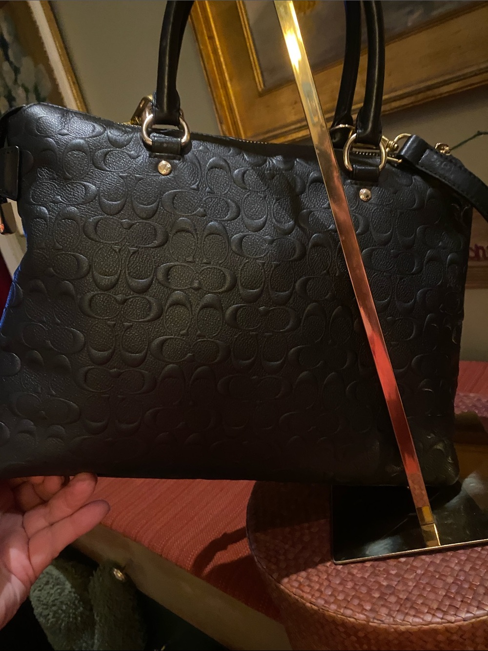 Coach Emma Black Satchel Crossbody Signature C and Cowhide Leather w/Gold studs - Picture 5 of 16